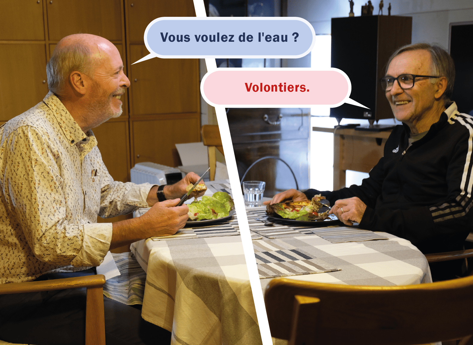 Bernard and a student during a coached meal at Real French