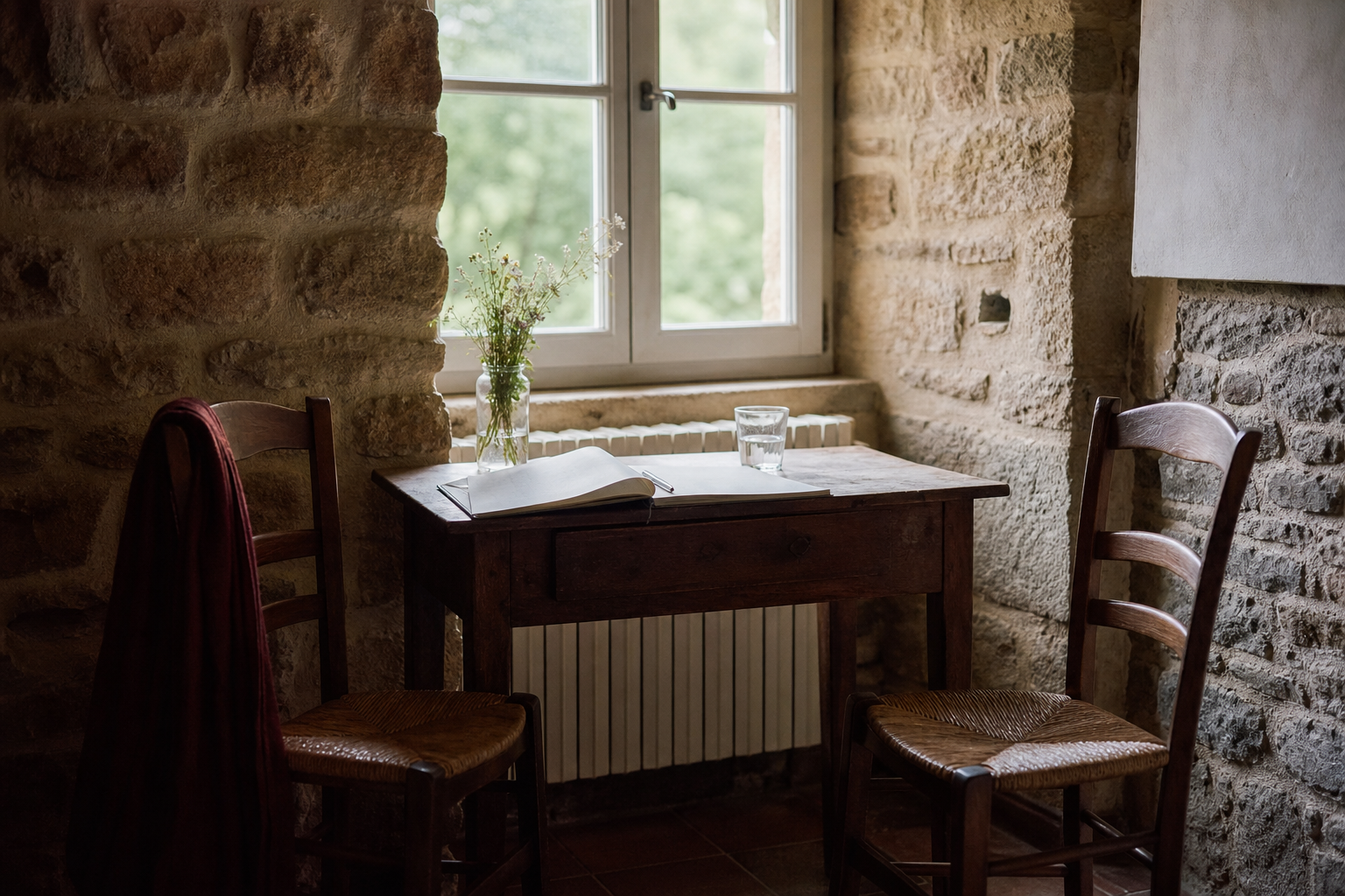Two wooden chairs face a small table by a window, with an open book, flowers, and a glass of water.