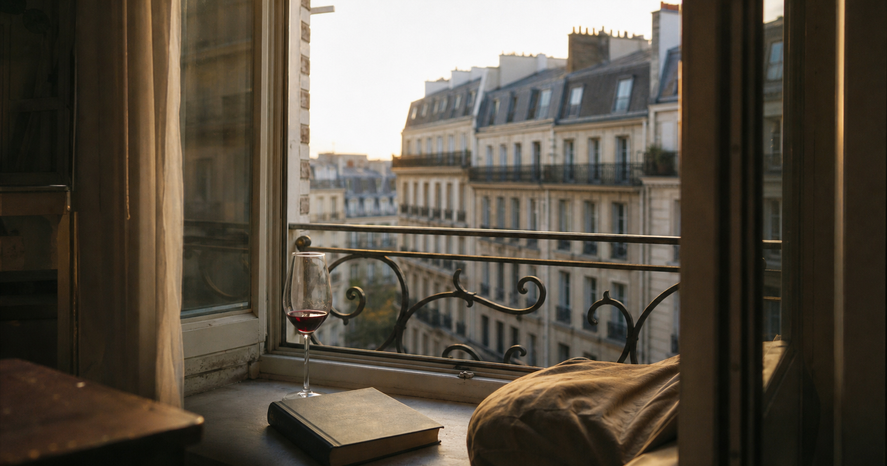 Open apartment window overlooking Haussmann buildings, with a red wine glass, closed book, and cushion on the sill.
