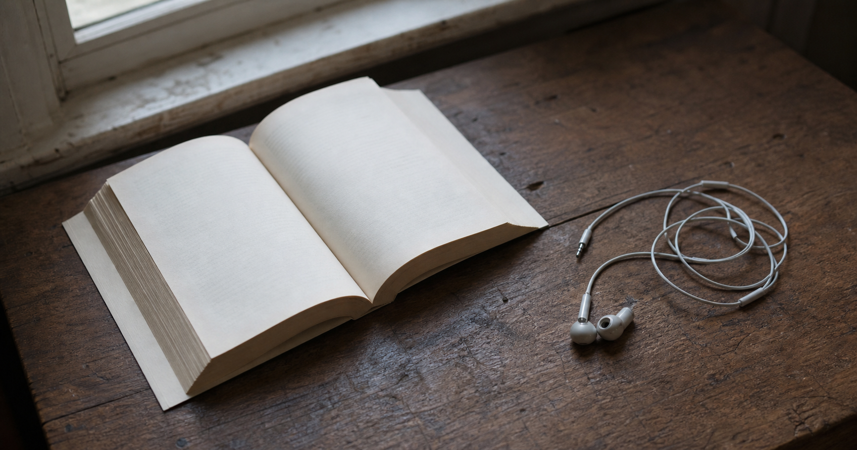 An open paperback lies on a wooden table beside loosely coiled wired earbuds near a window.