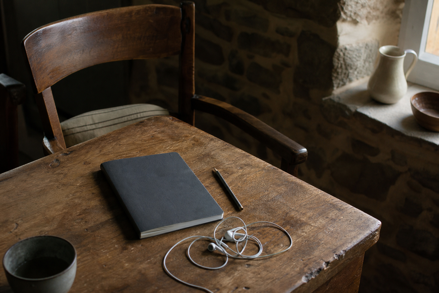 Wooden table with a closed notebook, pencil, wired earbuds, cup, chair, and window in a rustic room.