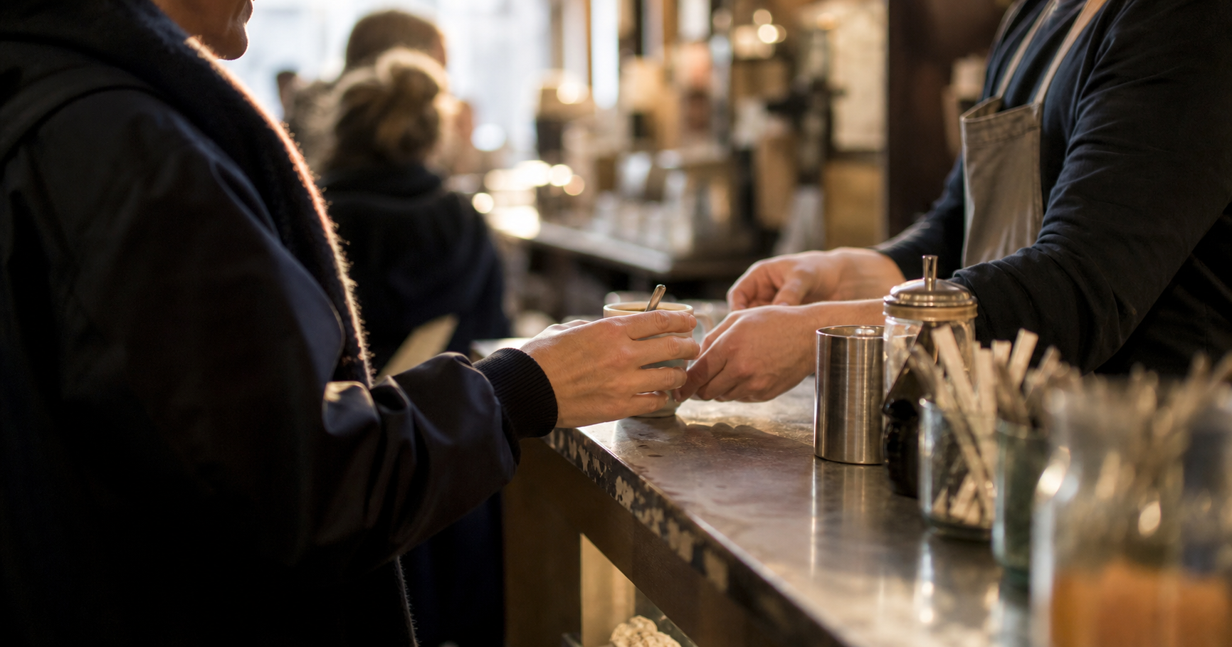 A cafe worker hands a small cup to a customer at a counter, with faces cropped out and tableware nearby.