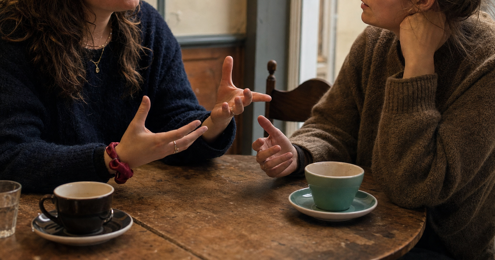 Two people sit at a cafe table with untouched cups, leaning in as one gestures during conversation.