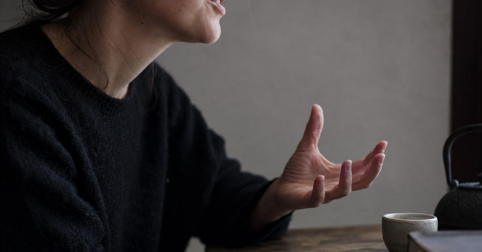 Cropped side view of a person speaking at a table, with one hand gesturing beside a cup and teapot.