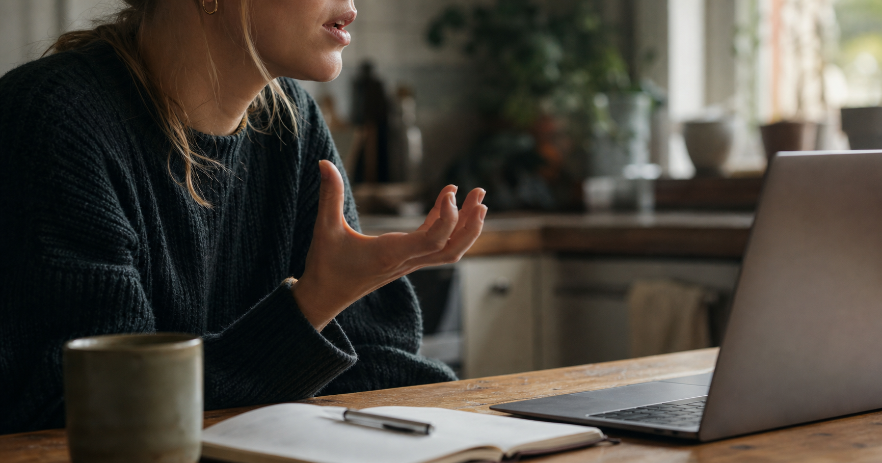 Cropped side view of a woman speaking beside a laptop, with one hand raised over a notebook and mug.