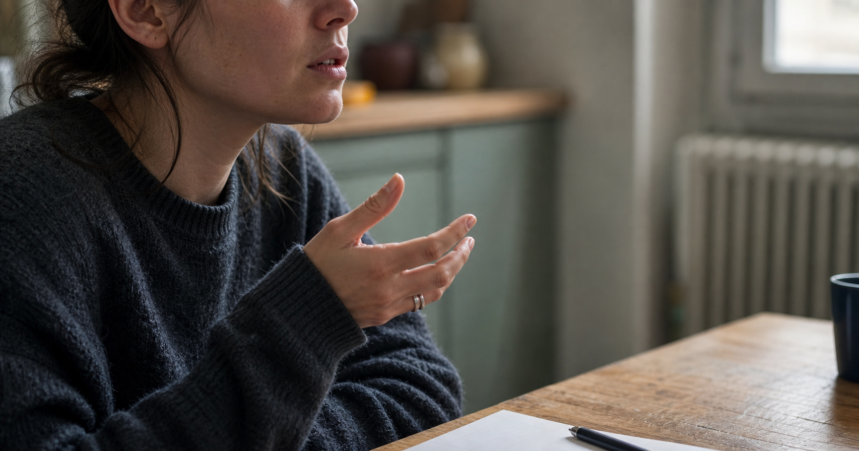 Cropped side view of a person speaking at a wooden table, with mouth, ear, and gesturing hand visible.
