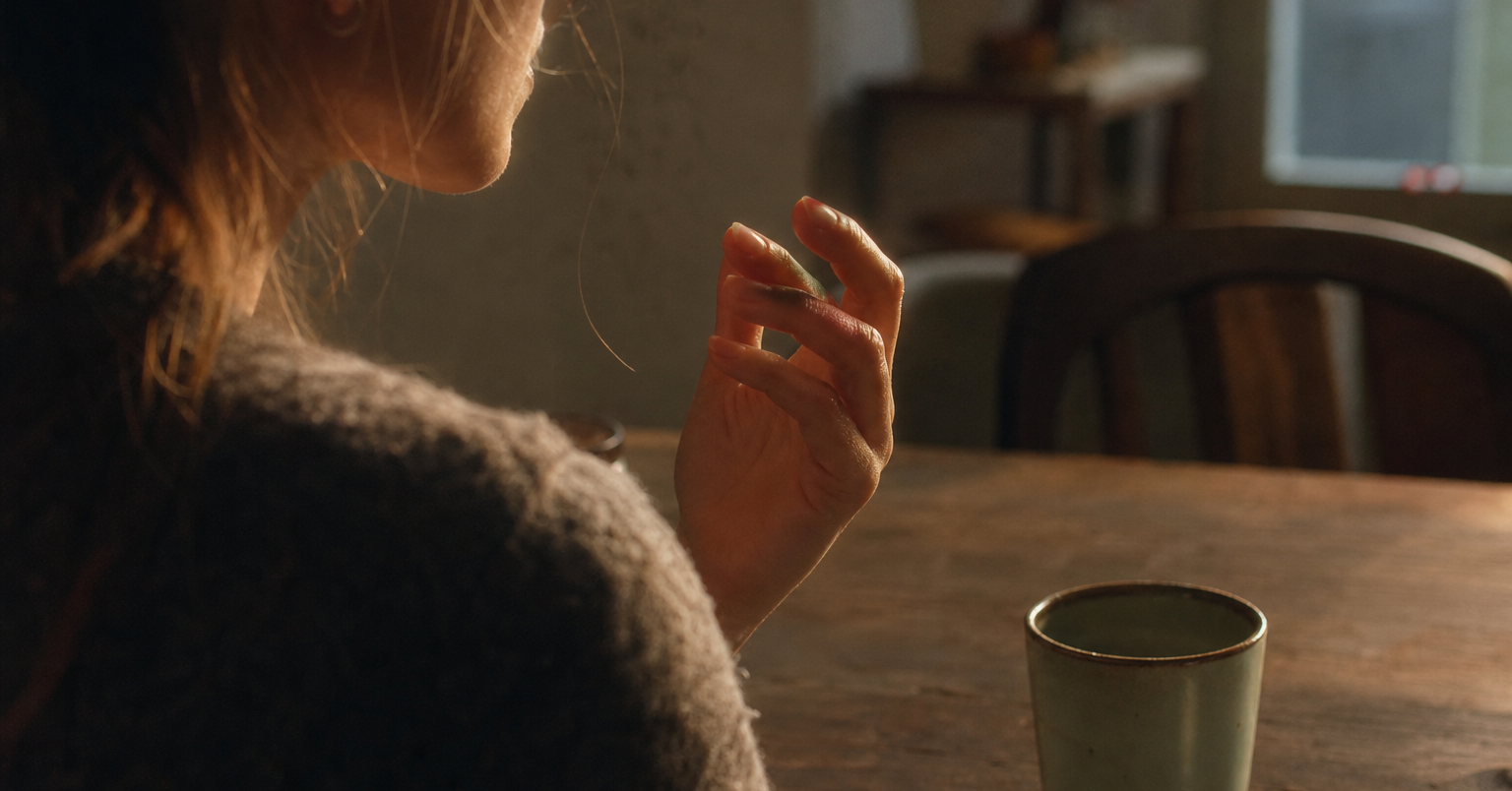 Cropped side view of a person at a wooden table, hand raised near their mouth beside a small cup.