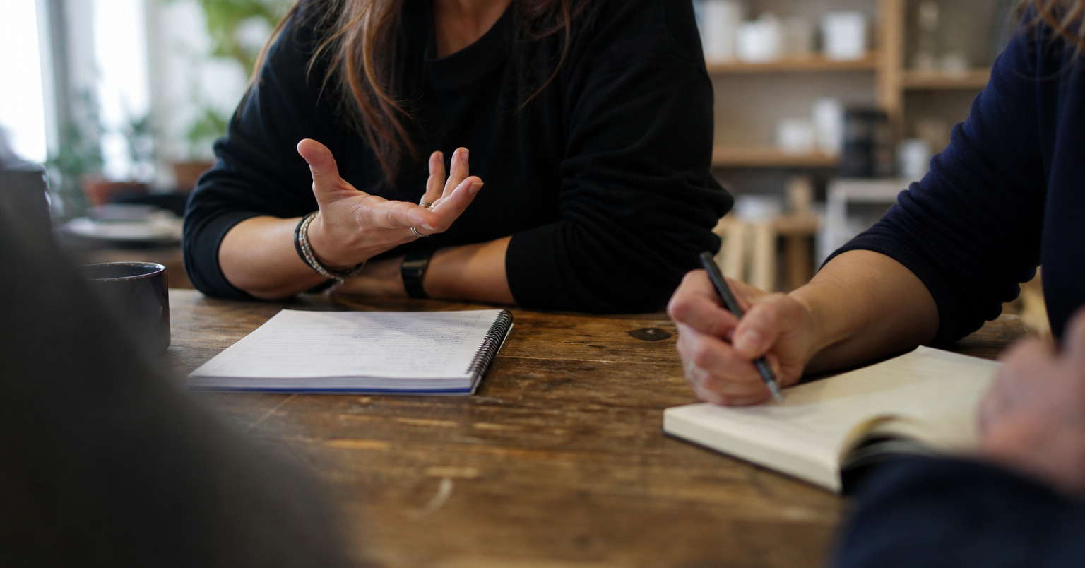Adults sit around a wooden table with notebooks, one person gesturing while another writes during a focused discussion.