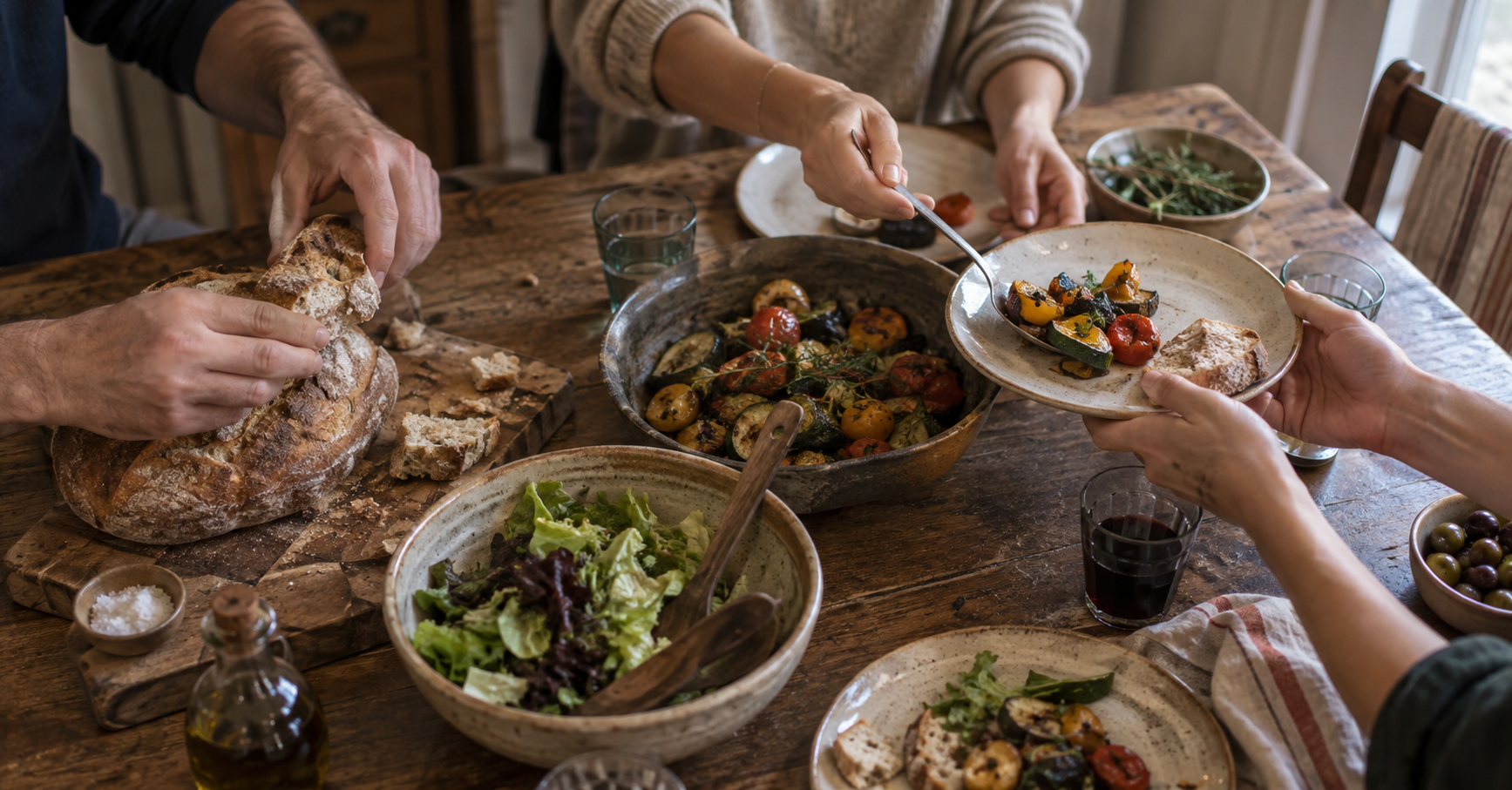 Three pairs of hands break rustic bread, serve roasted vegetables, and hold a ceramic plate around a wooden table with salad and wine.