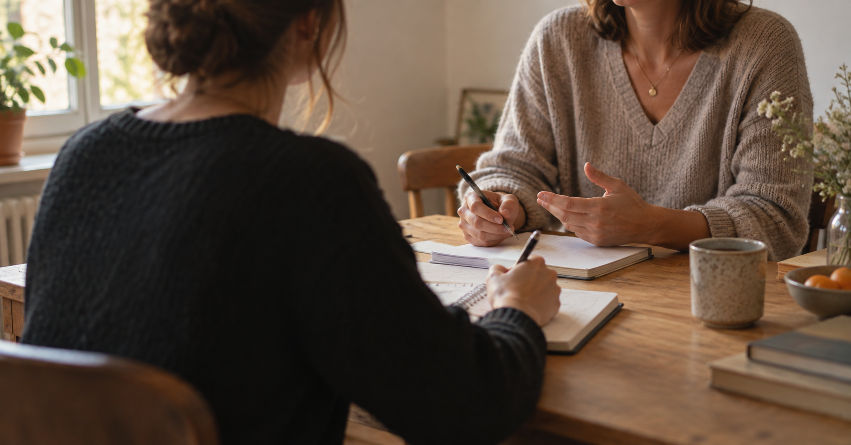 Two people sit across a wooden table with open notebooks and pens, their faces cropped out, beside a ceramic mug.