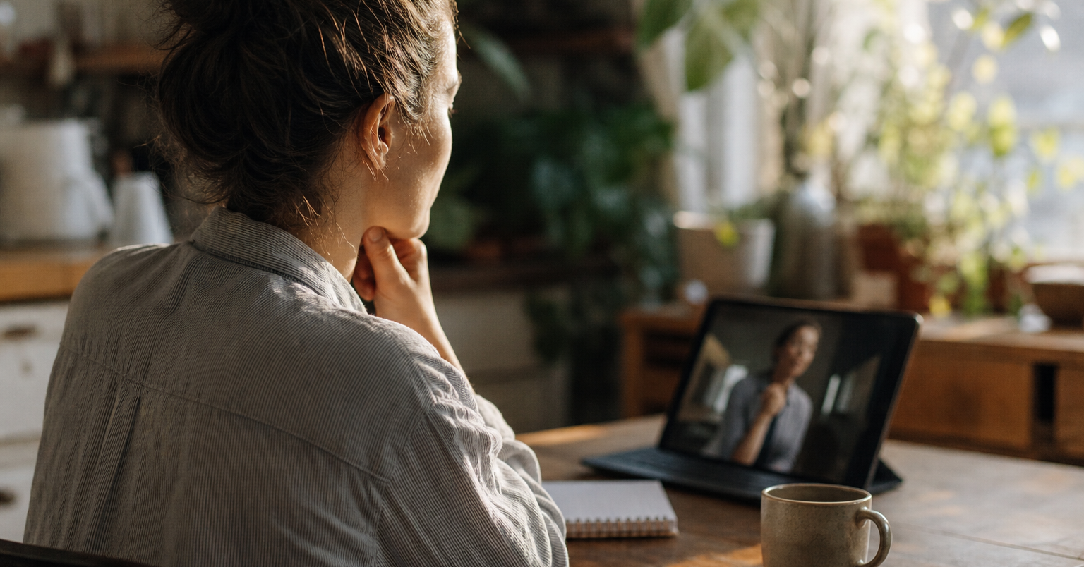 Person resting a hand beneath their chin while watching a tablet beside a spiral notebook and ceramic mug.