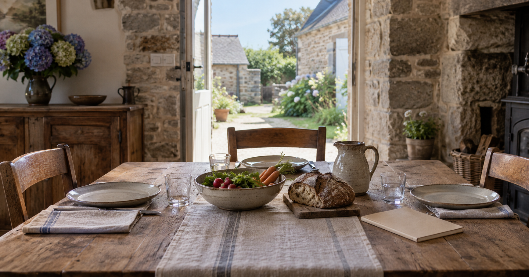 Rustic dining table set for three with bread, vegetables and a ceramic jug, overlooking a garden through an open doorway.
